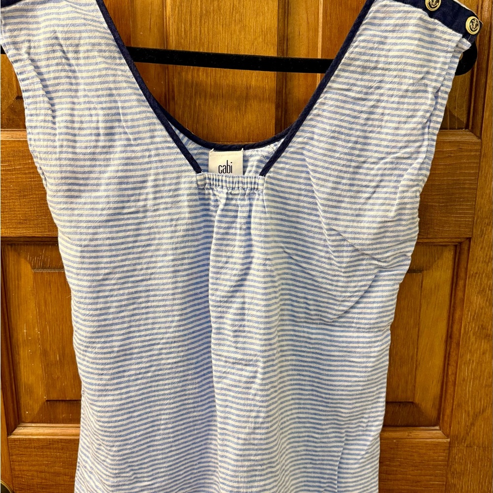 CAbi Navy and White Striped Sleeveless Blouse